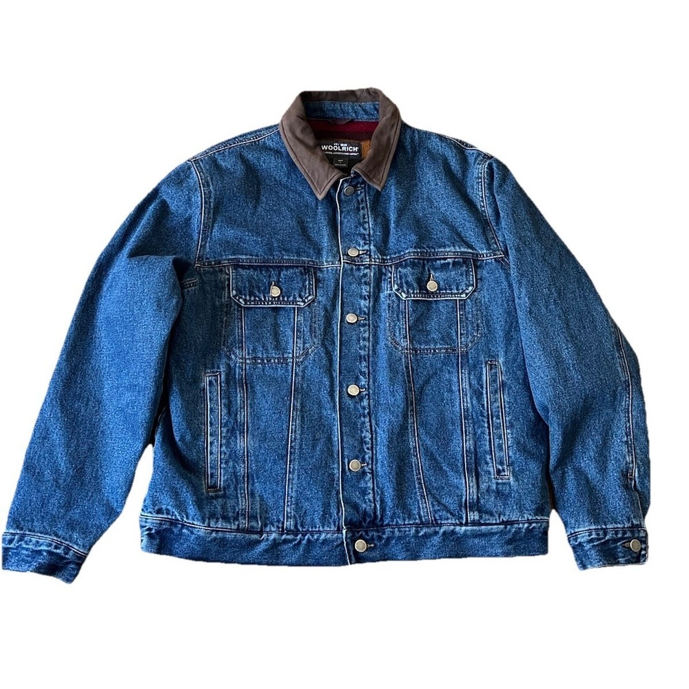 Vintage Woolrich Denim Jacket Southwest Fleece Lined‎ Leather Collar, Large